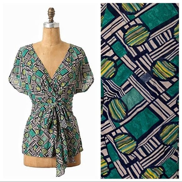 Anthropologie Odille Wrap Blouse Navy Green Taupe Rayon Boho Top - Picture 1 of 11